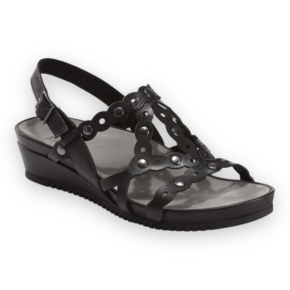 Earth Shoes - Earth Women's Black Leather Ficus Leo Slingback Wedge Comfort Shoe Size 6.5 M